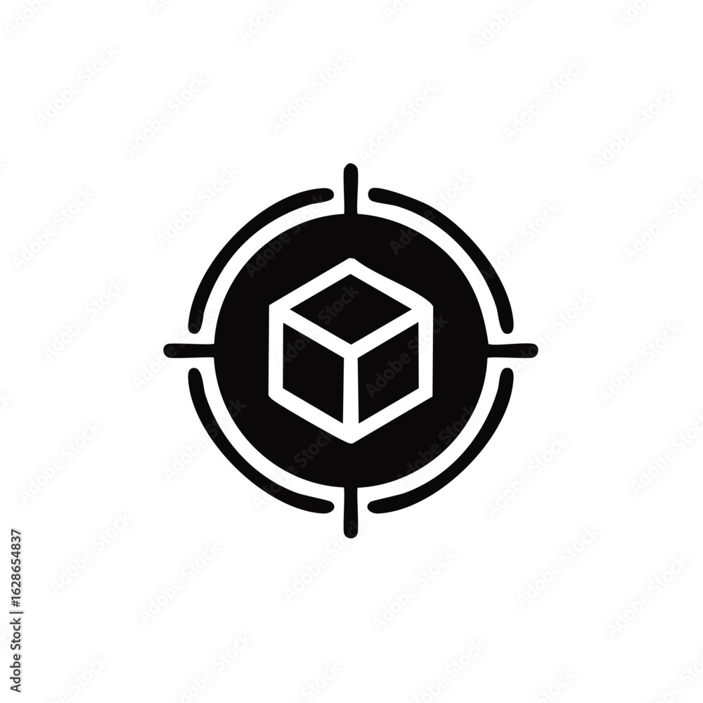 Poster targeting a cube symbol inside a circular target with a simple black and white design