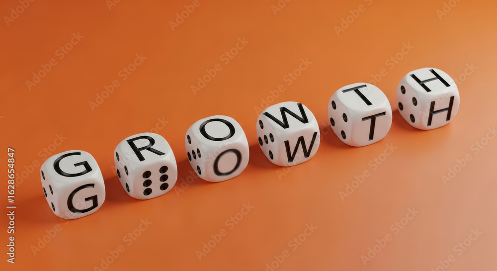 Aufkleber growth concept with dice spelling out the word growth on an orange background symbolizing developmen