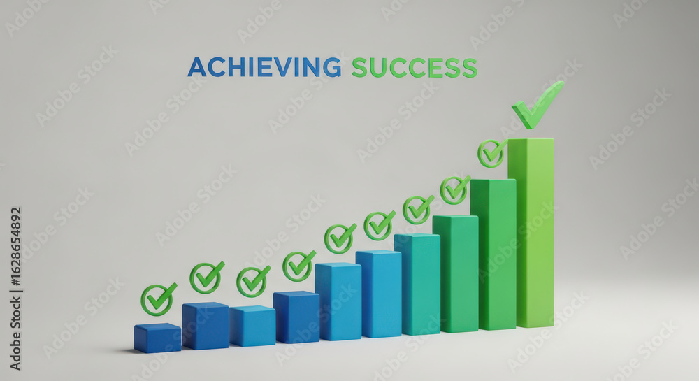 Poster visualizing success a 3d rendered bar graph illustrating growth and achievement with checkmarks symb