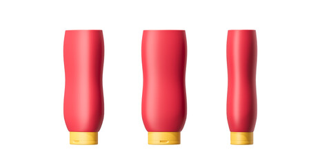 Three red ketchup cans on different sides on a white background. Mock up. 3d rendering