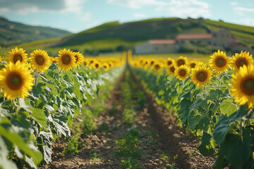 Sunflowers basking in the warm sun in a vast field.