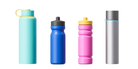 A set of sports water bottles for sports drinks on a white background. Mock up. 3d rendering