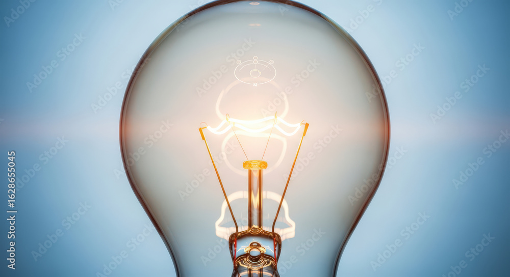 Poster close-up of a glowing light bulb filament symbolizing a bright idea and innovation with a soft blue 
