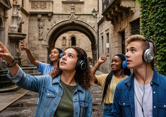 A group of teenagers in headphones listens to an audio guide while exploring an old city district.
