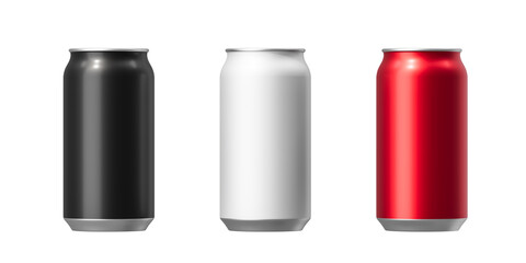 Multi colored metal cans for carbonated drinks on a white background. Mock up. 3d rendering