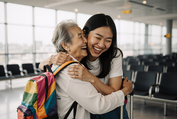 joyful embrace between asian granddaughter and senior grandmother at airport terminal with colorful backpack