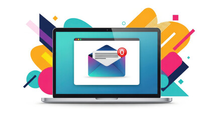 Managing Digital Communication with Email Notifications A Laptop Displaying an Email Inbox with a Zero Notification Badge Amidst Abstract Geometric Shapes
