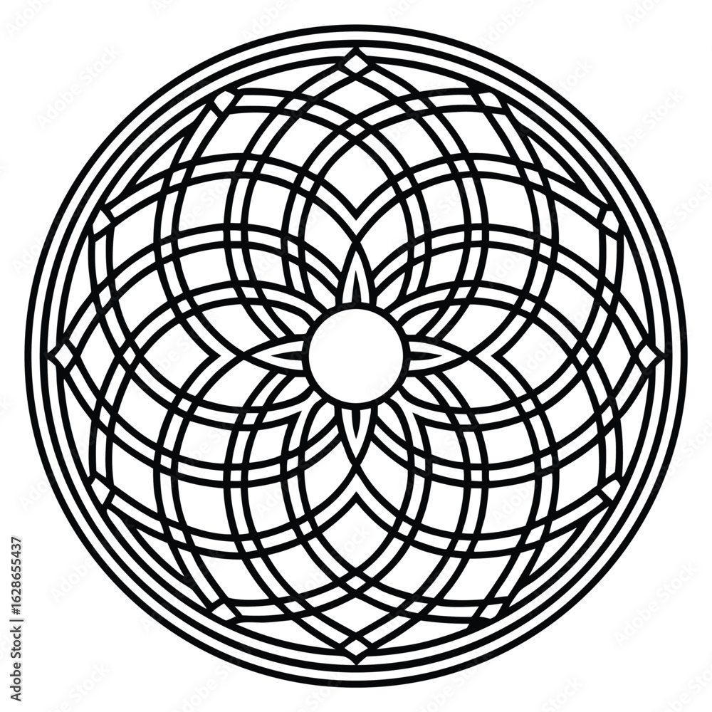 Poster circular geometric pattern of intersecting arcs, lines, and curves on a white background, creating a
