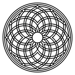 Obraz premium Circular Geometric Pattern of Intersecting Arcs, Lines, and Curves on a White Background, Creating a Detailed and Abstract Ornamental Design. 