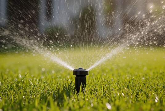 Close-up of garden sprinkler watering lush green lawn in summer sunlight, creating water droplets and maintaining healthy grass - Powered by Adobe