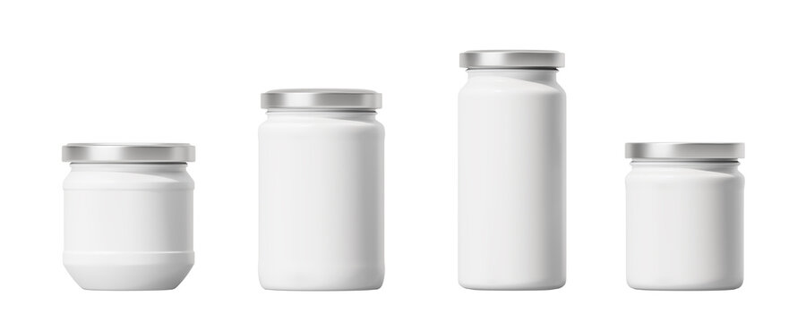Jars of various sizes with metal lids are insulated on a white background. Mock up. 3d rendering.