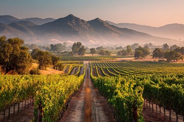 Fototapeta premium Picturesque vineyard stretching into the distance at sunset, surrounded by rolling hills and mountain peaks. The golden light bathes the lush green grapevines, creating a serene and idyllic rural land
