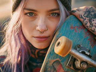 Teenage girl with skateboard posing outdoors in the city, wearing trendy clothes and sneakers, vibrant and energetic vibe.