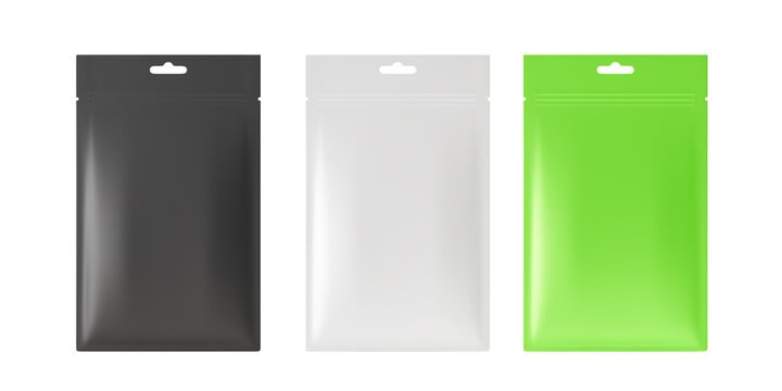 Black, white, green zip package isolated on a white background. Mock up. 3d rendering.