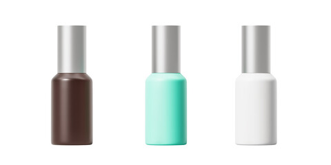 Obraz premium A brown, turquoise, and white spray bottle are isolated on a white background. Mock up. 3d rendering.