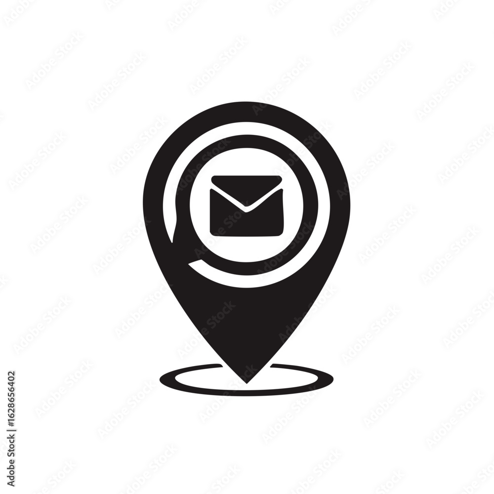 Poster black envelope mail icon on location pointer pin with circles