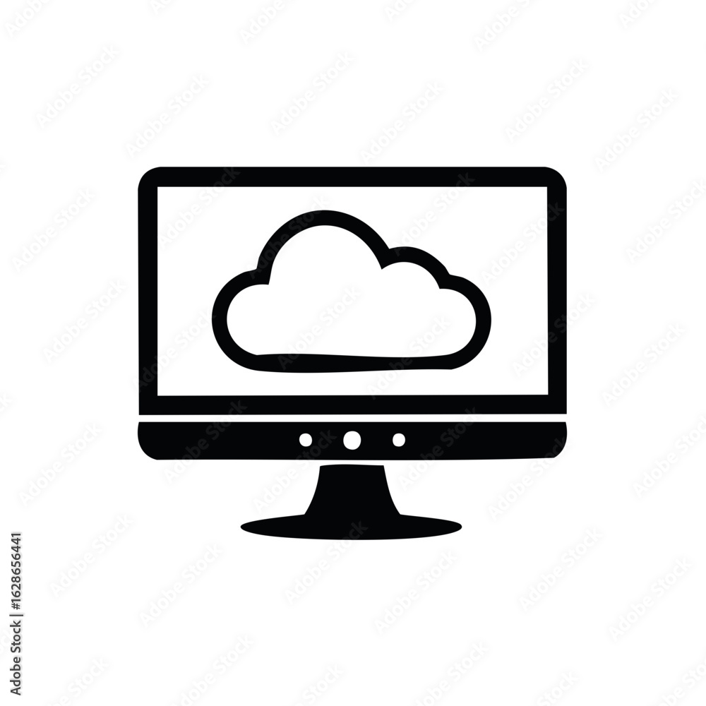 Poster computer monitor displaying cloud icon, cloud computing network symbol, information technology conce