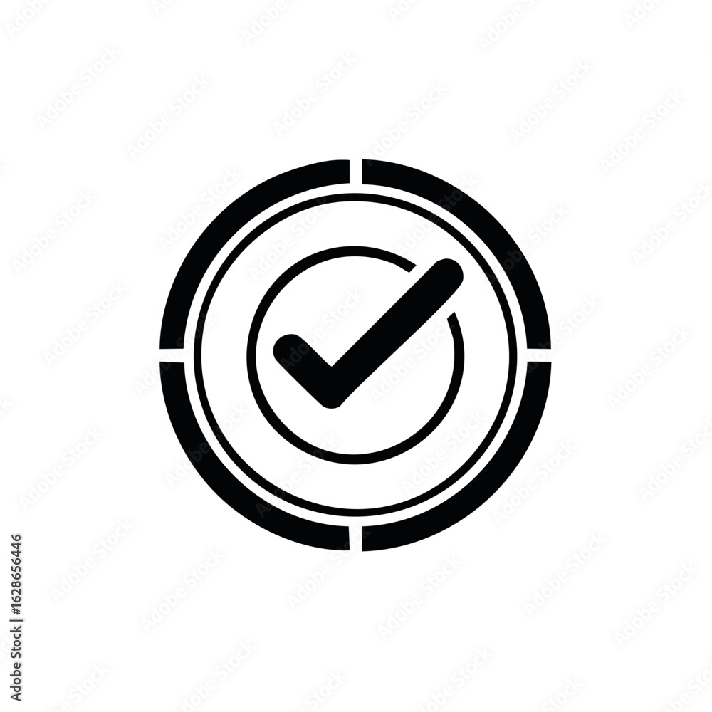 Poster black checkmark symbol inside a circle, with a segmented border design for approval.