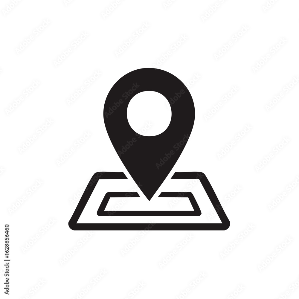 Poster black location pin pointer above minimalist map indicates destinations and locations