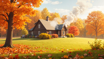 Cozy cottage surrounded by autumn trees at sunrise, fall serenity