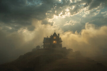 Naklejka premium Haunted House on a Foggy Hill under Dramatic Storm Clouds