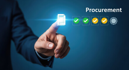 Streamlined Procurement Process Management Concept Digital Checklist for Efficient Supply Chain and Vendor Selection with Business Professional Hand Interaction