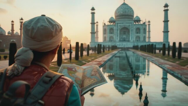 A woman studying a map in front of the iconic Taj Mahal, useful for travel or tourism concepts