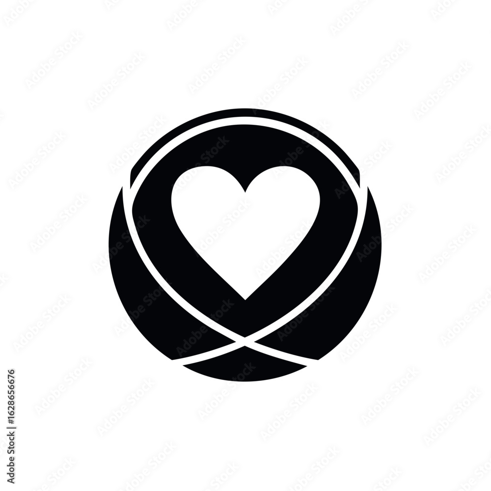 Poster monochrome vector icon of a heart centered within a circular abstract globe representing global love