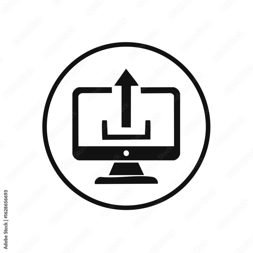 Poster upload or data transfer icon in circle on a white background