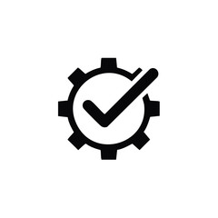 Cogwheel with checkmark icon, mechanical engineering and quality assurance, vector graphic, automation