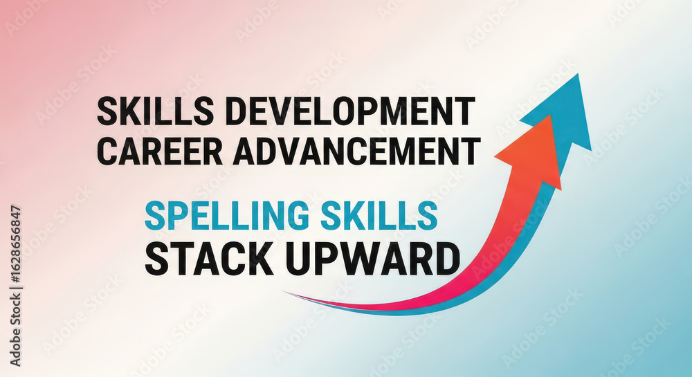 Poster skills development and career advancement concept with upward arrows, emphasizing spelling skills an