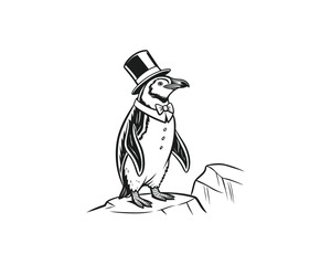 Obraz premium A black and white illustration of a penguin dressed in a top hat, bow tie, and formal suit standing on an iceberg