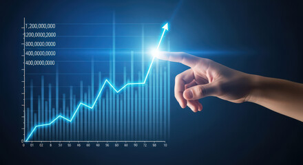 Hand Touching a Rising Financial Graph with Blue Lines and Numbers, Representing Market Growth, Investment Success, and Economic Development on Dark Backdrop