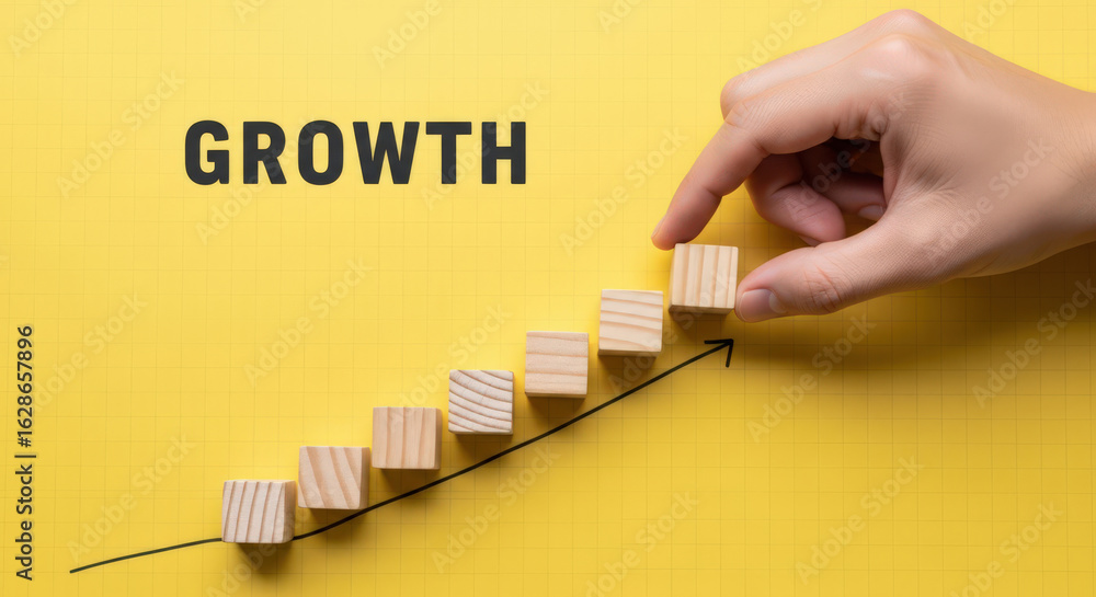 Poster building blocks of progress a hand placing wooden blocks on an ascending line chart illustrating gra
