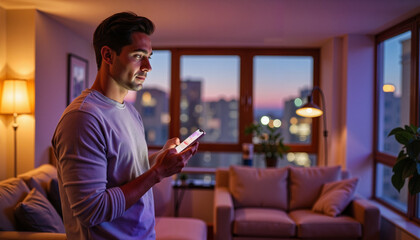 Man checking contraceptive app notification in evening urban apartment, awareness