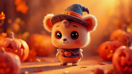 Cute bear with pumpkins and autumn leaves for Halloween