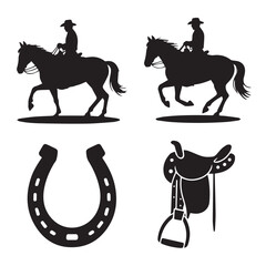 Vector art of silhouette of a cowboy riding a horse, a horseshoe, and a saddle, isolated on white background
