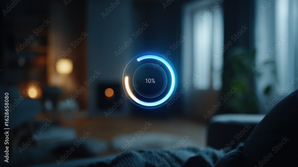 Poster Medium shot of an illuminated AI interface controlling nap timing and ambient lighting based on circadian metrics with outoffocus background emphasizing a tranquil home