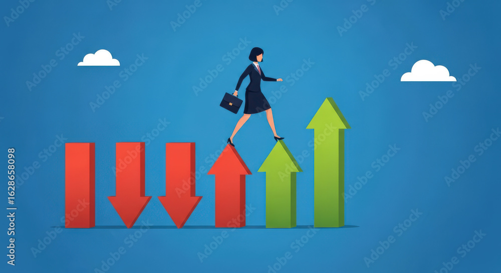 Poster navigating business challenges a businesswoman walking on arrows symbolizing overcoming obstacles an
