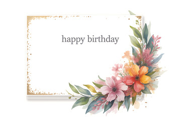 Fototapeta premium Delicate Floral Watercolor Happy Birthday Card Design with Gold Accents and Pastel Flowers Arrangement Perfect for Invitations