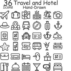 36 Hand-Drawn Travel  Hotel Icons: Holiday, Vacation, Tourism, Transport  Accommodation