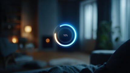 Medium shot of an illuminated AI interface controlling nap timing and ambient lighting based on circadian metrics with outoffocus background emphasizing a tranquil home