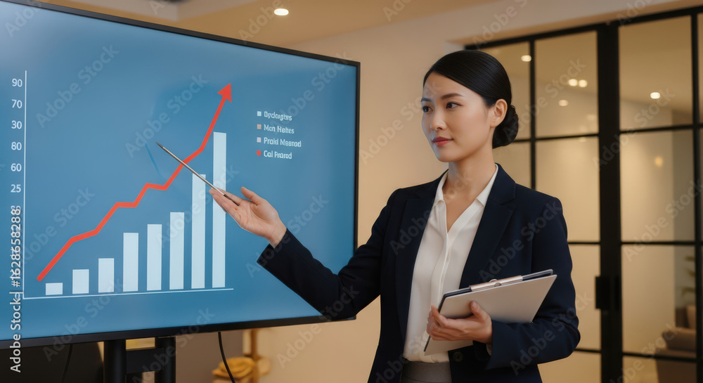 Poster asian businesswoman presenting financial growth chart on screen with pointer and clipboard in modern