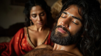 Samson is sleeping peacefully next to Delilah, his black hair spread out, and Delilah secretly intends to cut his hair - by candlelight.
