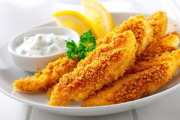 Crispy breaded fish fillets served with a side of tartar sauce, garnished with parsley and lemon wedges on a white plate