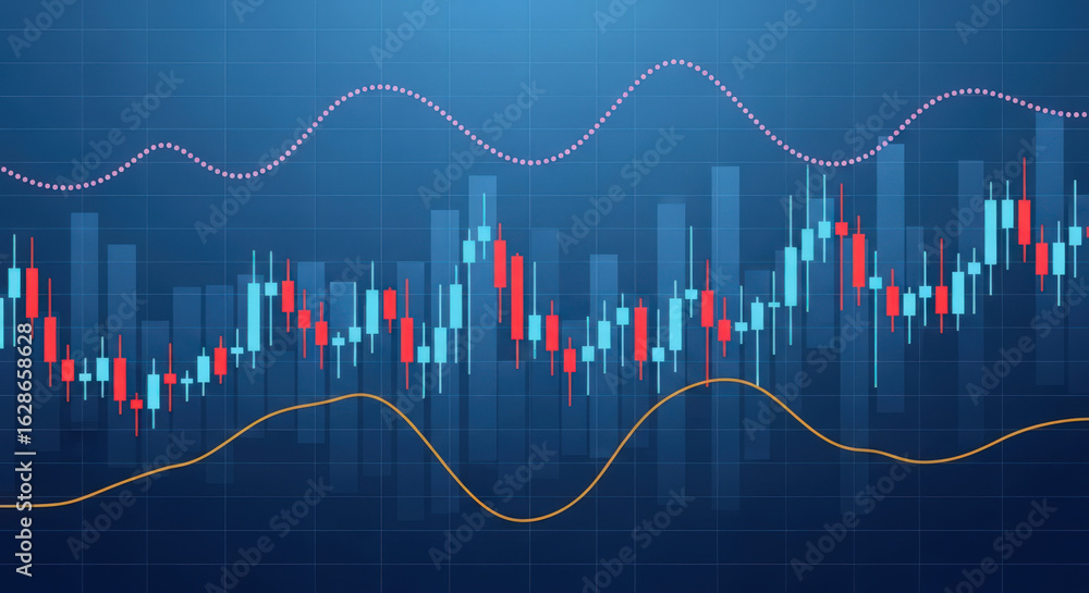 Poster dynamic stock market analysis a complex chart displaying fluctuating stock prices with candlestick p