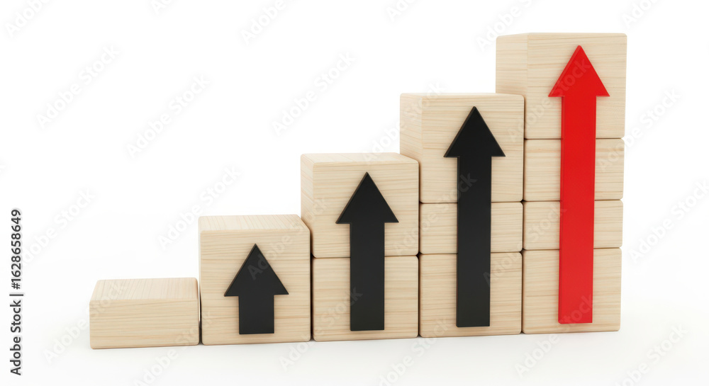 Poster ascending growth chart wooden blocks stacked with arrows pointing upward representing increasing tre