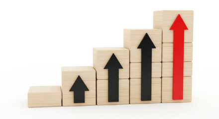 Ascending Growth Chart Wooden Blocks Stacked with Arrows Pointing Upward Representing Increasing Trends and Positive Development on a White Background