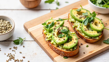 Avocado toast beautifully arranged on wooden board, culinary delight