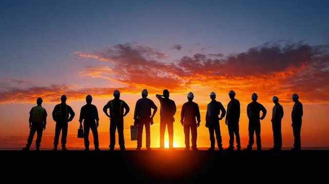 Silhouette of Determination: A team of steadfast workers stand united against the fiery backdrop of a sunset, embodying resilience, teamwork and dedication to a shared vision.